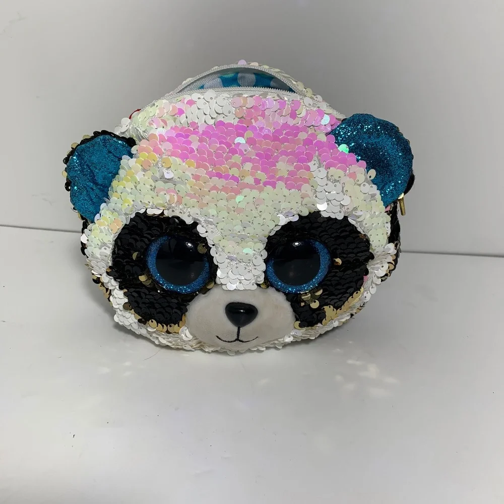 Ty Sequin Panda Face Bag Purse 8” Reversible Sparkle Sequins Plush‎ Blue Eyes